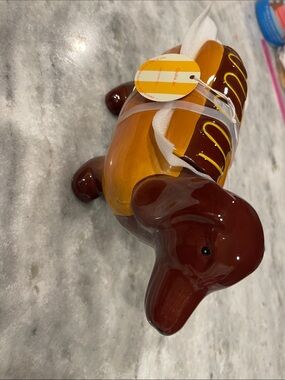 Hand-Painted Ceramic Dachshund Figurine in Brown and Yellow